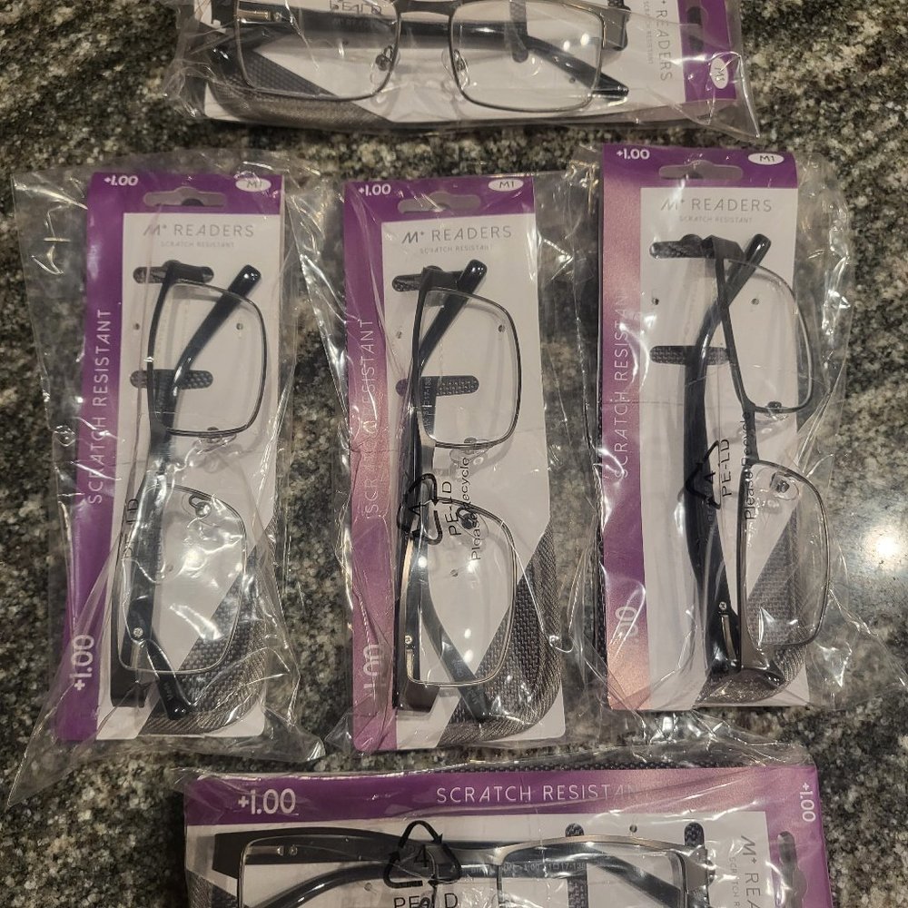 Reading Glasses - Pack of 5 w/Cases  +1.00 Birch Gun by M+ NEW!